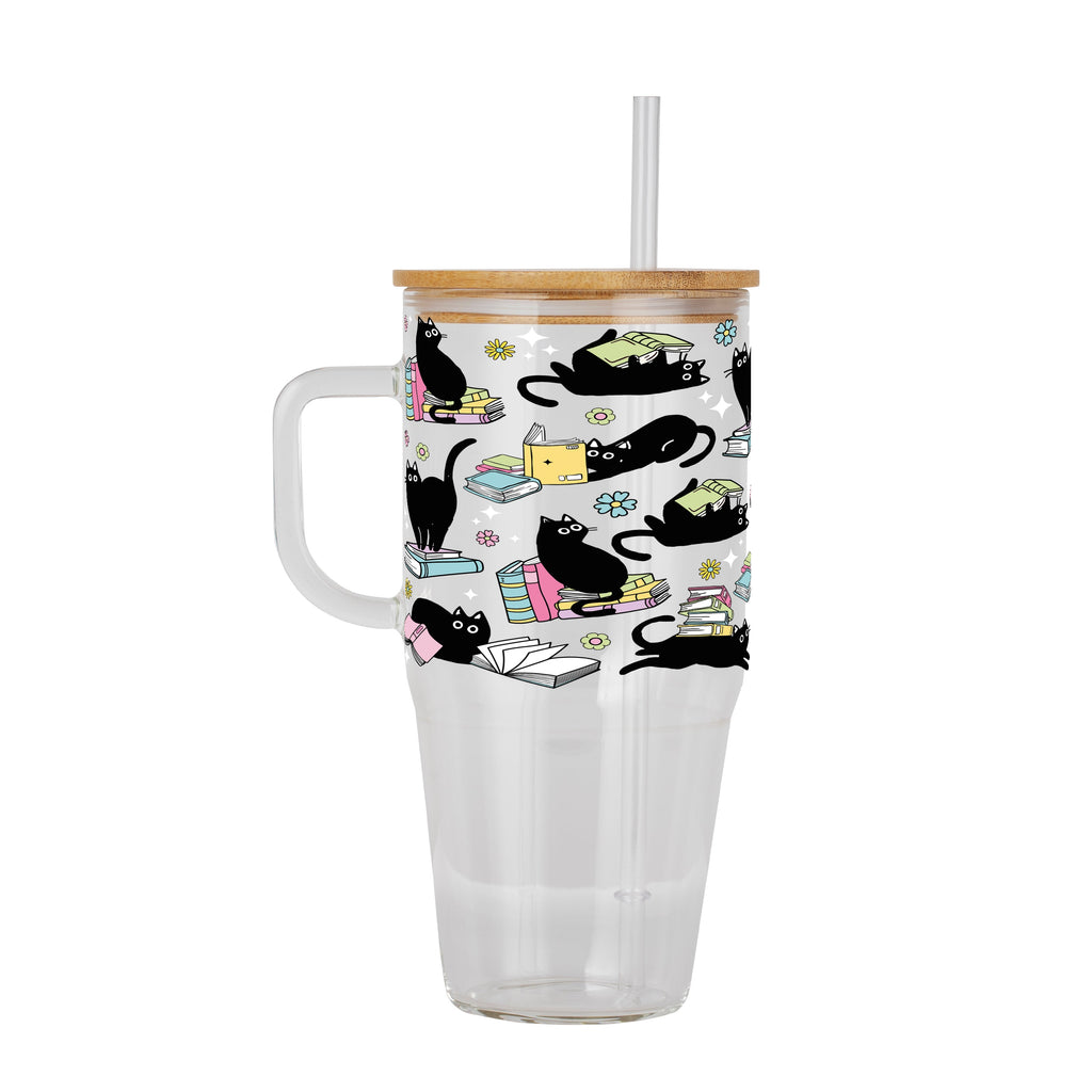 Black Cats on Books Glass Cup