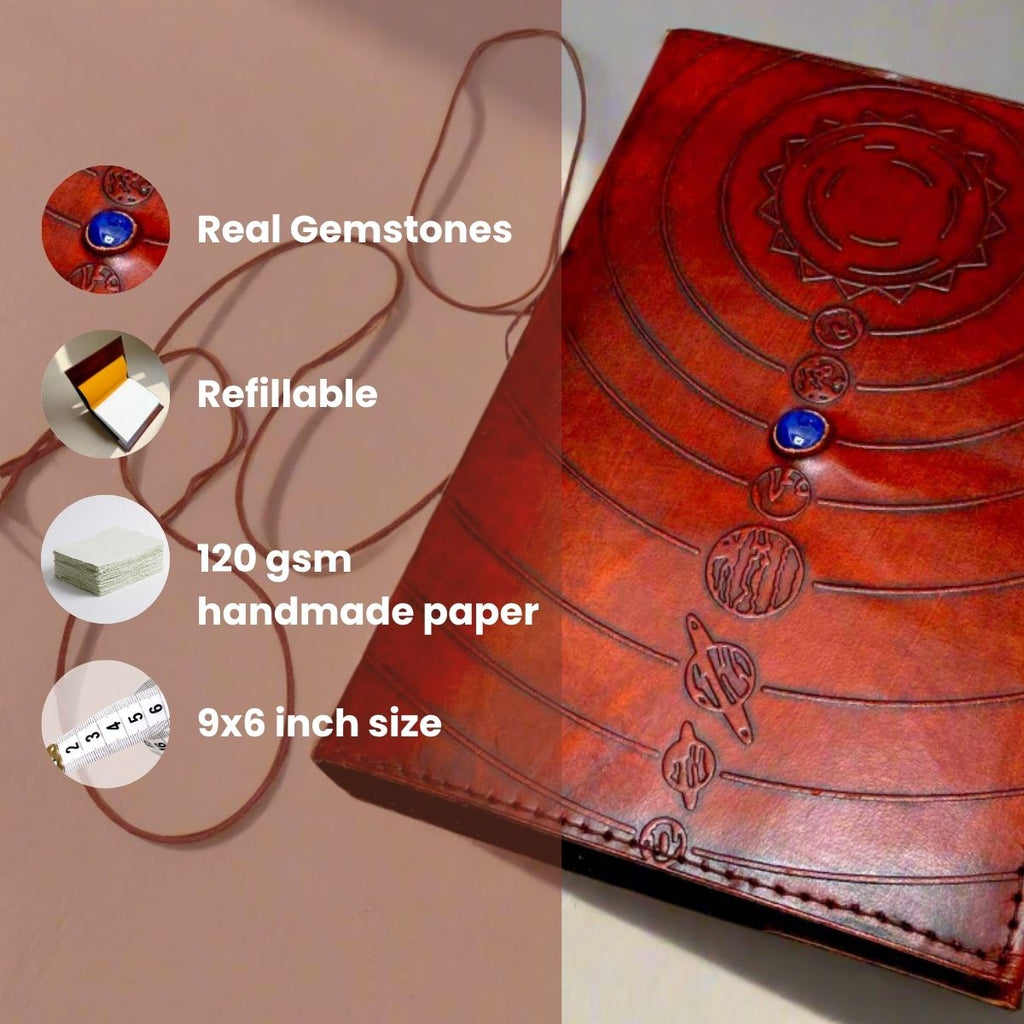 Space Odyssey Refillable Leather Journal with Solar System Design & Cobalt Stone
