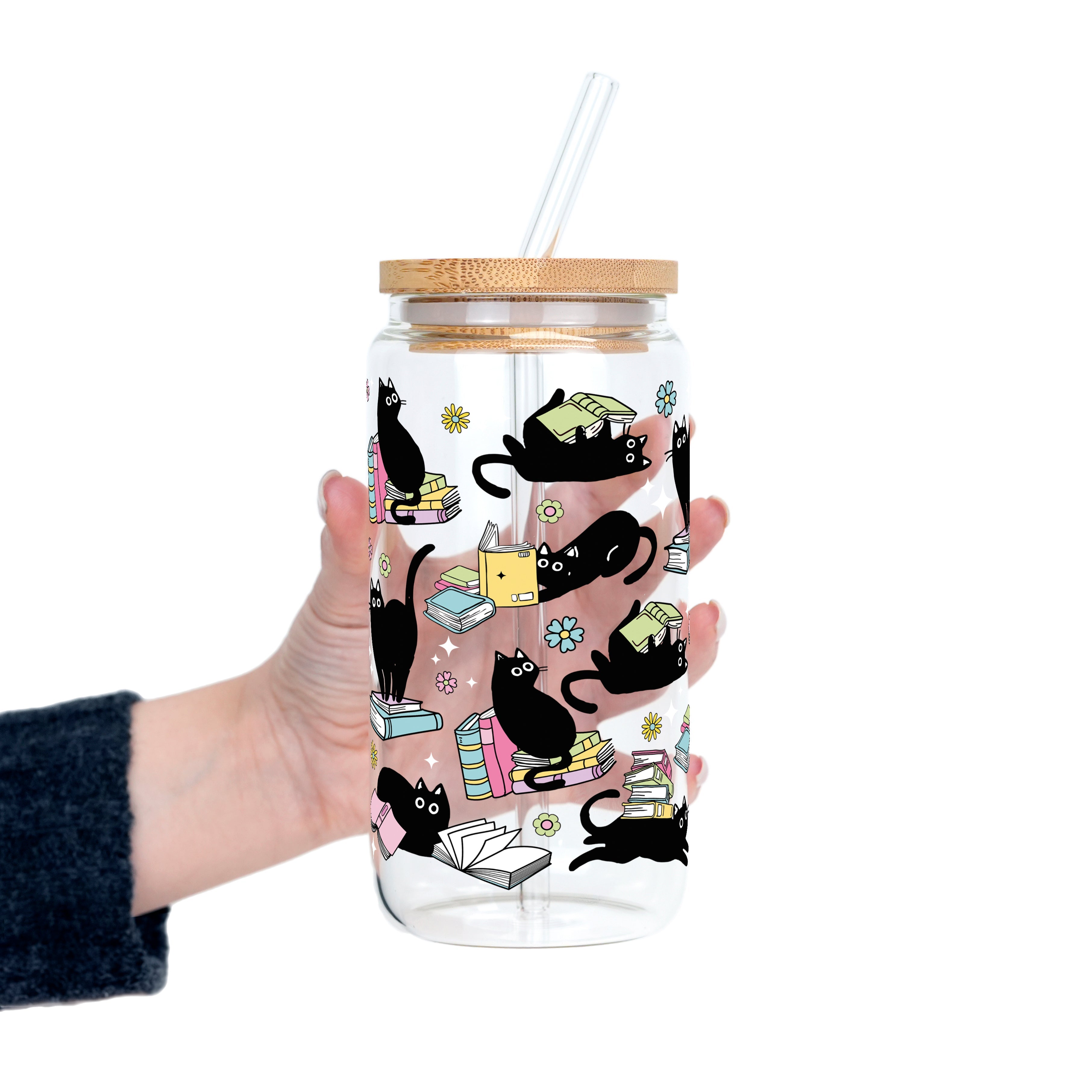 Black Cats on Books Glass Cup