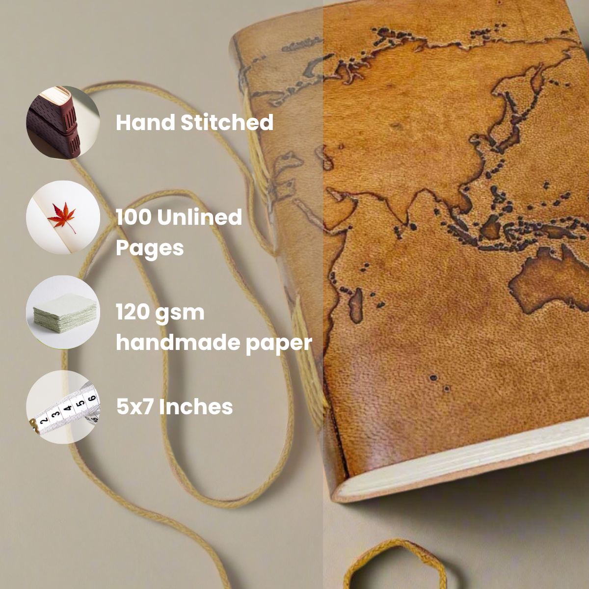 Vintage World Map 7x5 Handmade Leather Journal