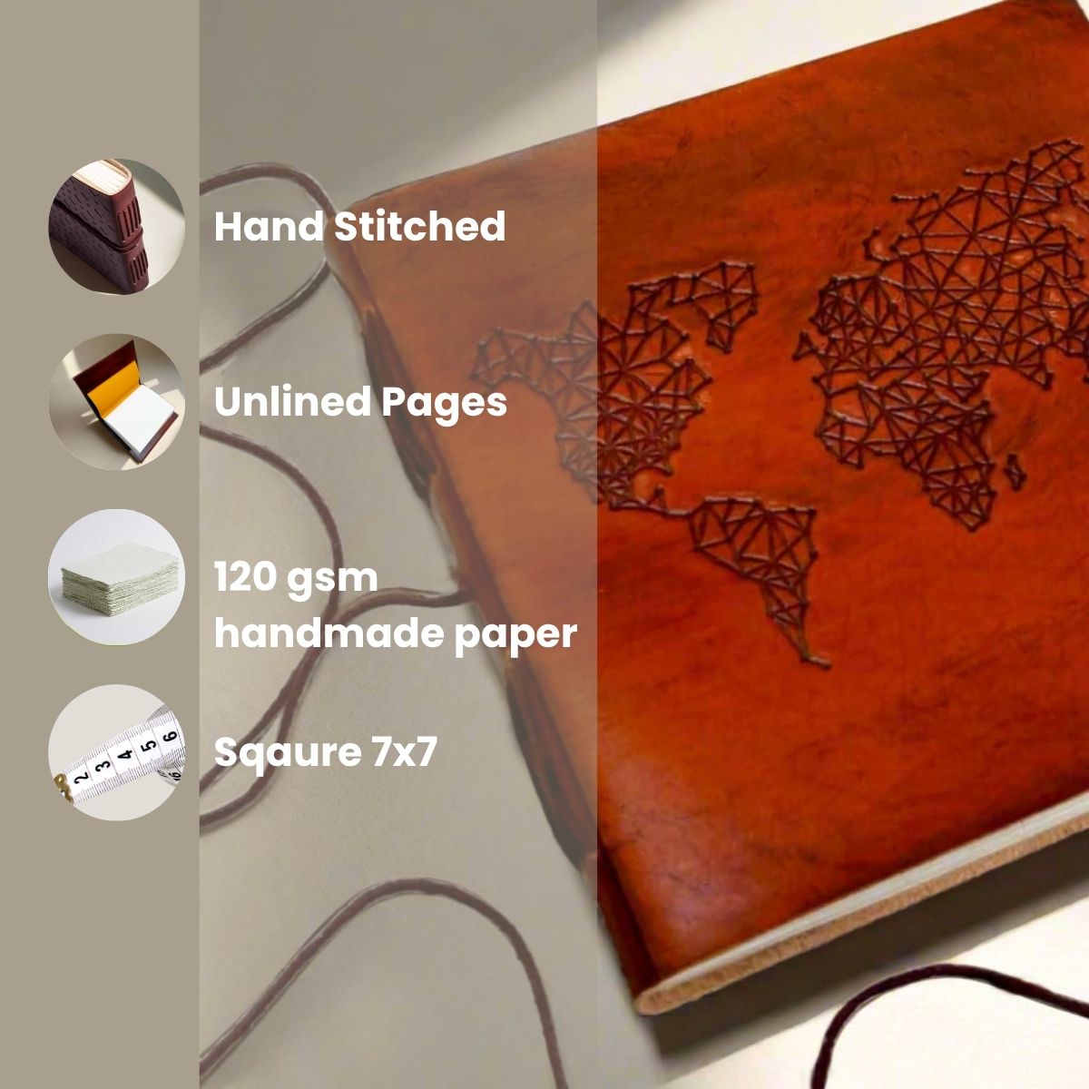 World Map 7x7 Leather Journal | Embossed Square Travel Diary