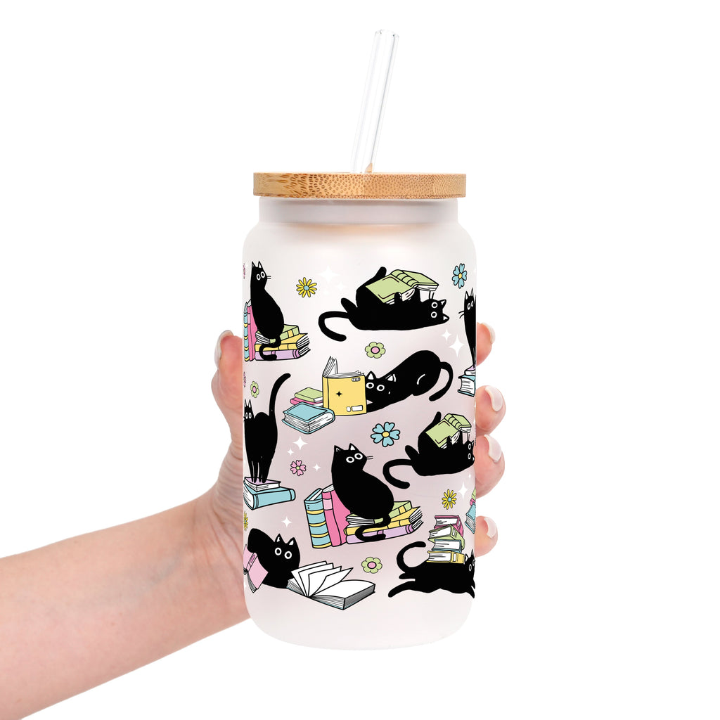 Black Cats on Books Glass Cup