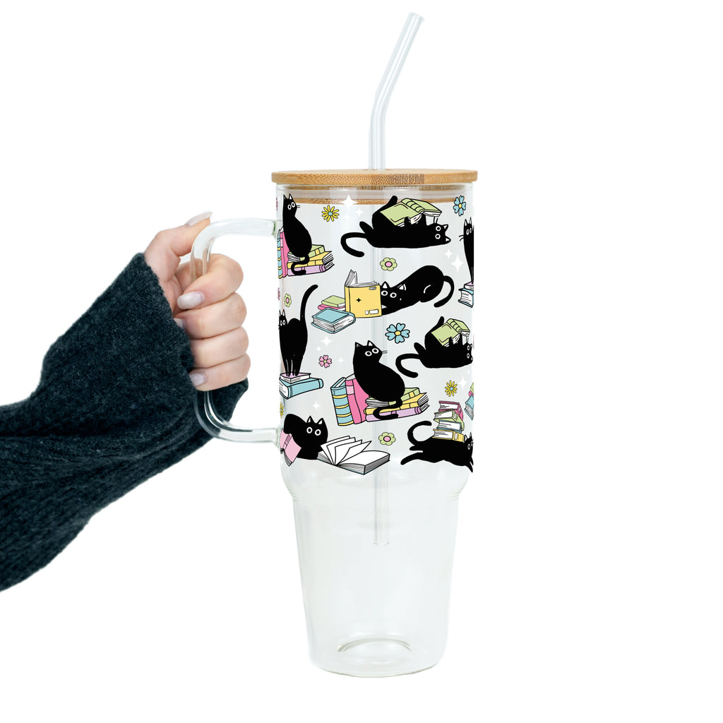 Black Cats on Books Glass Cup