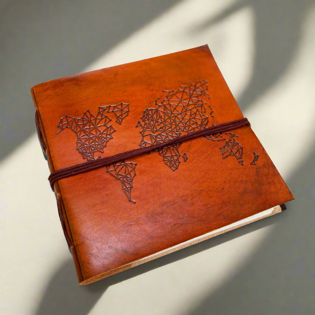 World Map 7x7 Leather Journal | Embossed Square Travel Diary