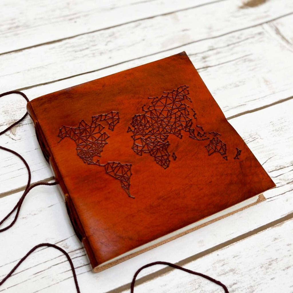 World Map 7x7 Leather Journal | Embossed Square Travel Diary