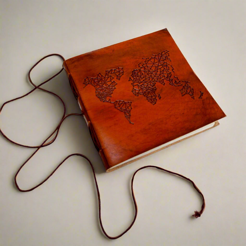 World Map 7x7 Leather Journal | Embossed Square Travel Diary