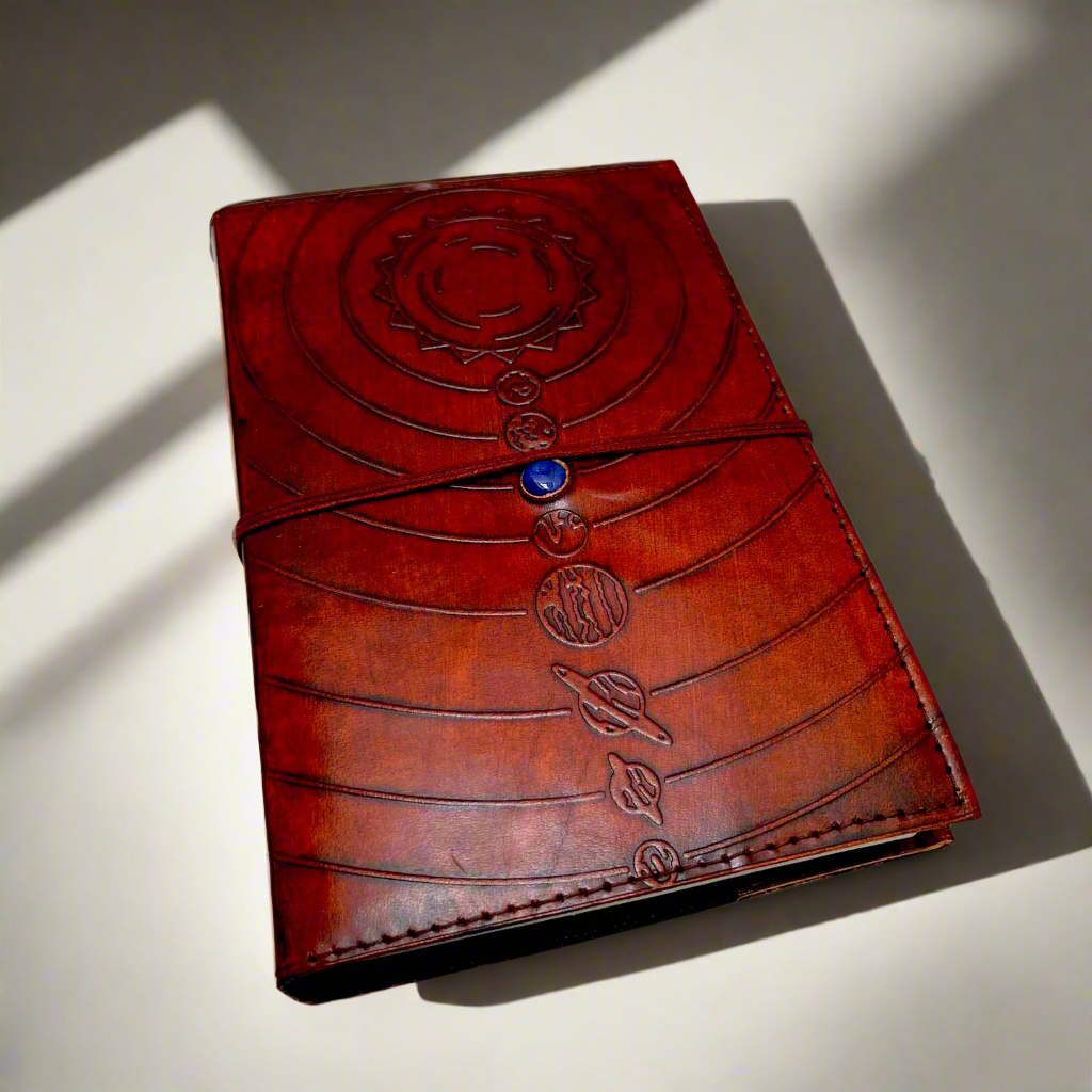 Space Odyssey Refillable Leather Journal with Solar System Design & Cobalt Stone