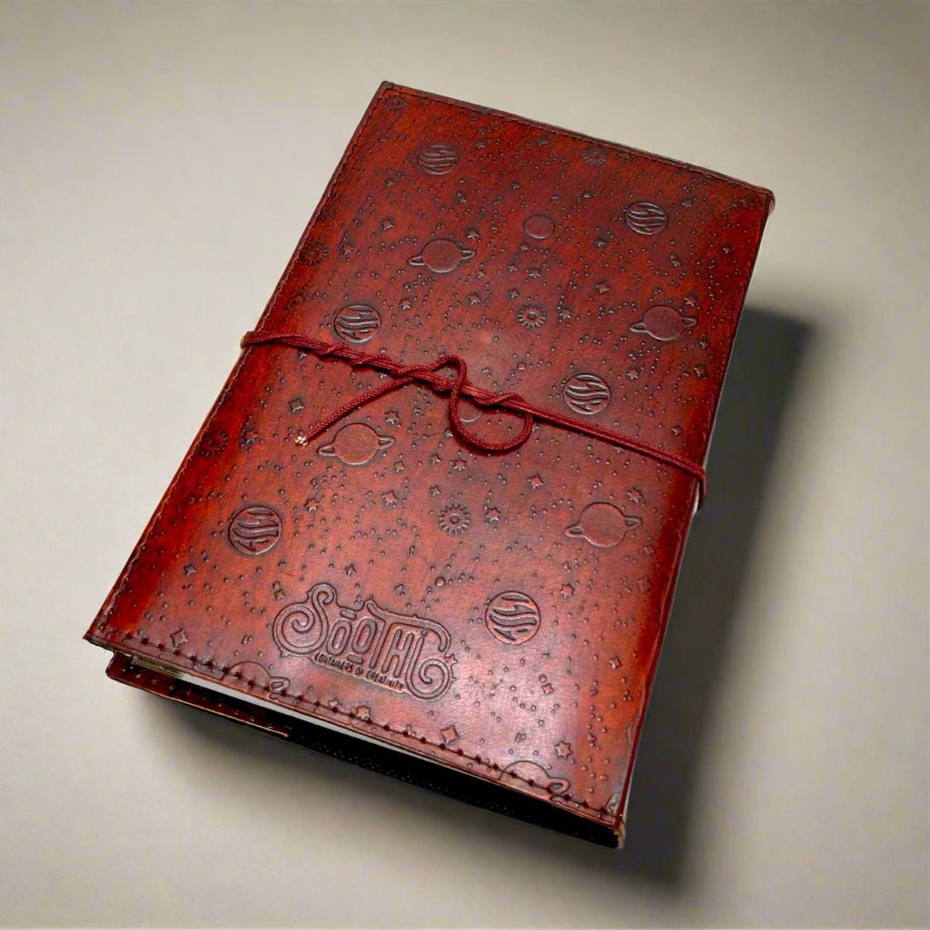 Space Odyssey Refillable Leather Journal with Solar System Design & Cobalt Stone