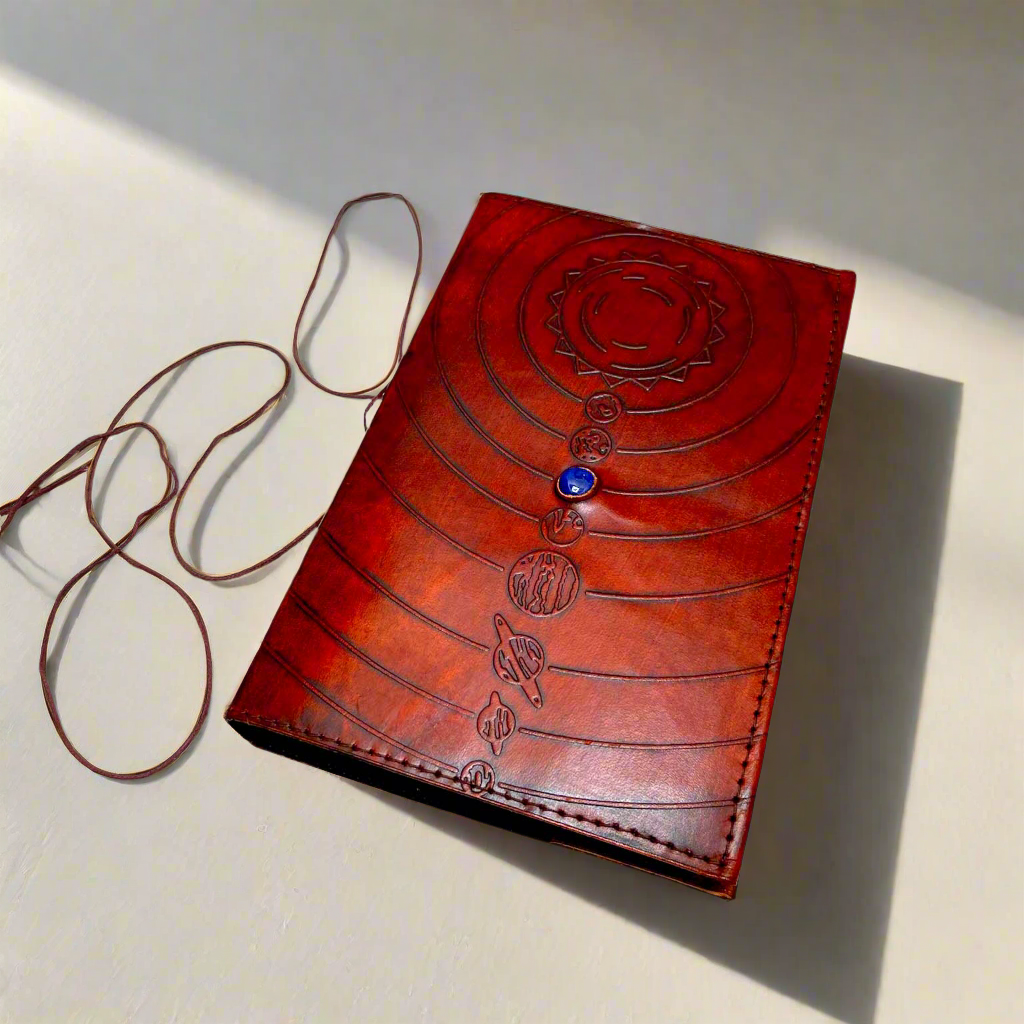 Space Odyssey Refillable Leather Journal with Solar System Design & Cobalt Stone