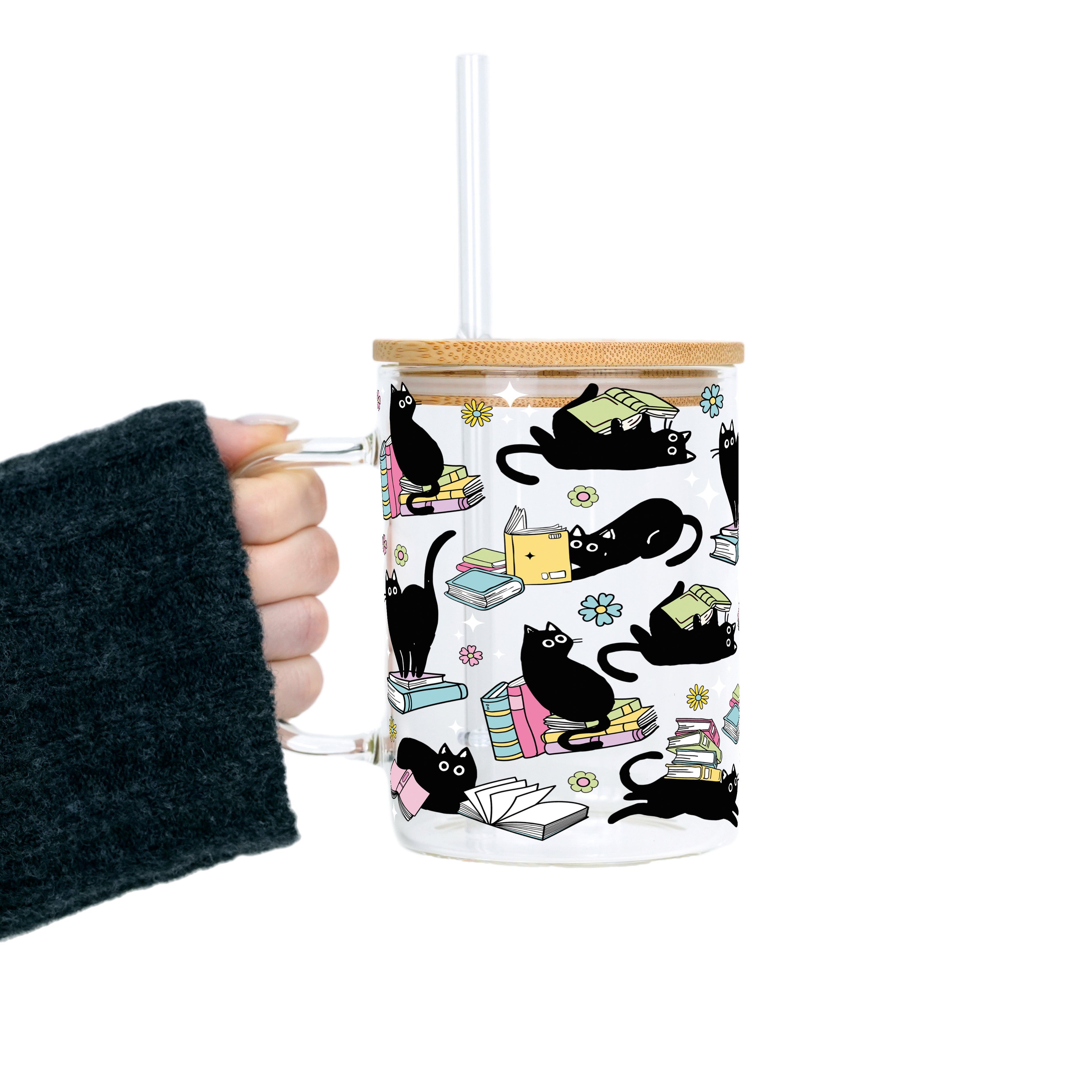 Black Cats on Books Glass Cup