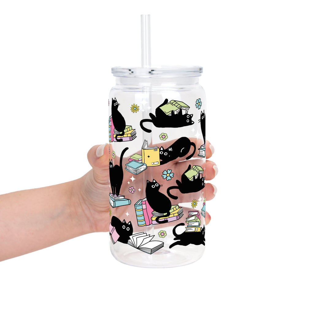 Black Cats on Books Glass Cup