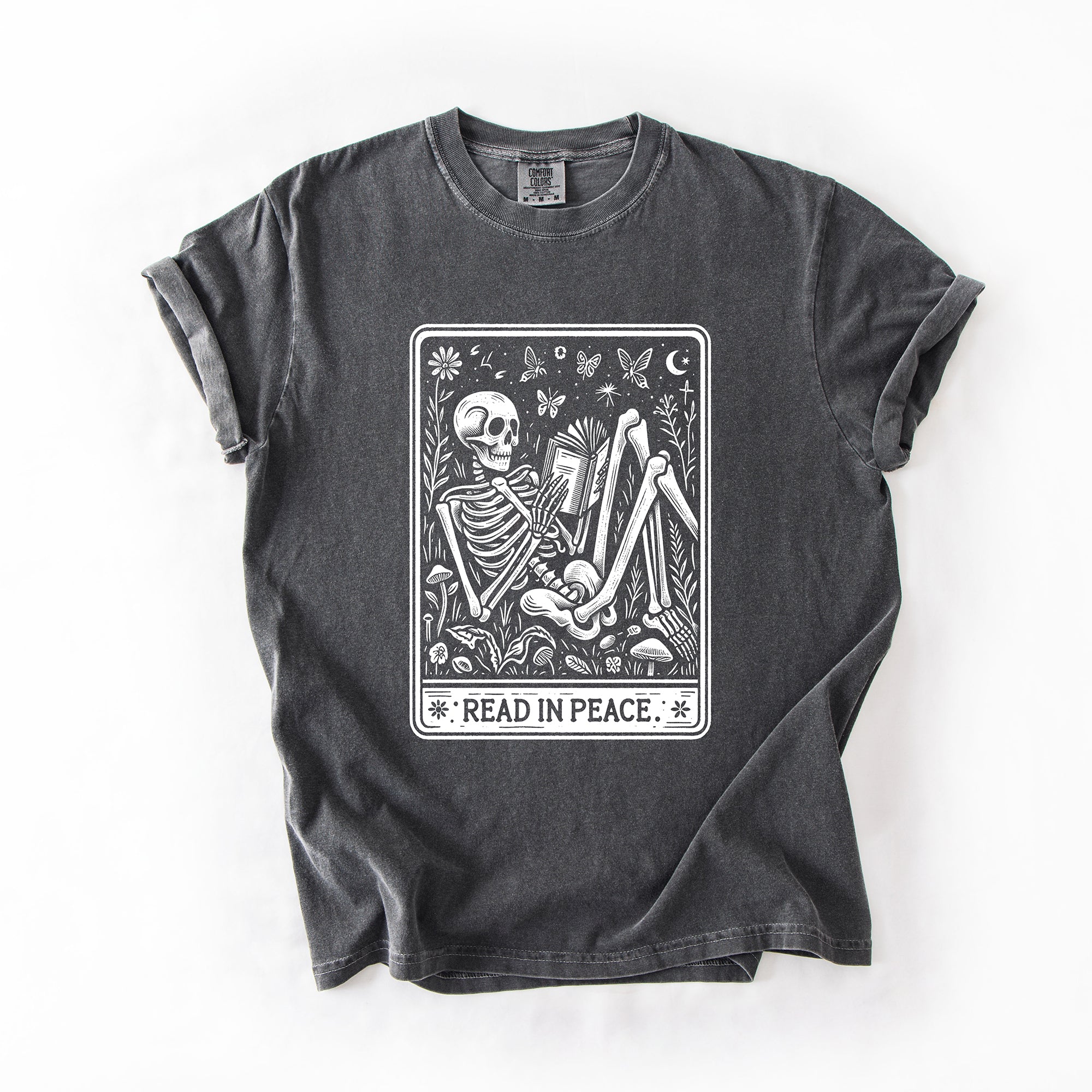 Read In Peace Halloween Skeleton Tarot Books Library Spooky Edition Comfort Colors Tee