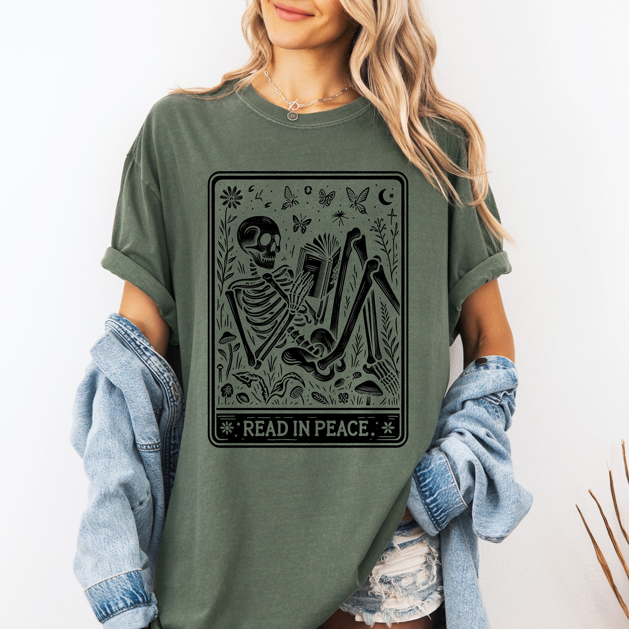 Read In Peace Halloween Skeleton Tarot Books Library Spooky Edition Comfort Colors Tee