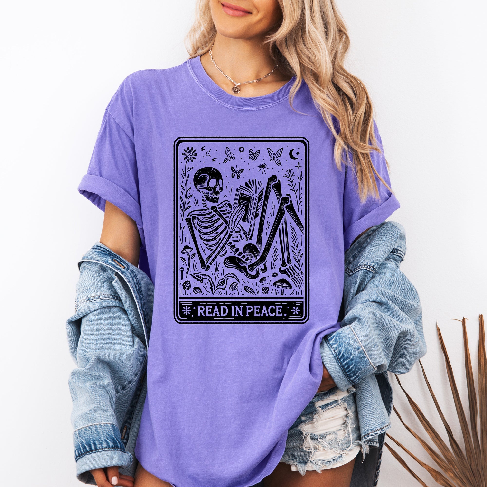 Read In Peace Halloween Skeleton Tarot Books Library Spooky Edition Comfort Colors Tee