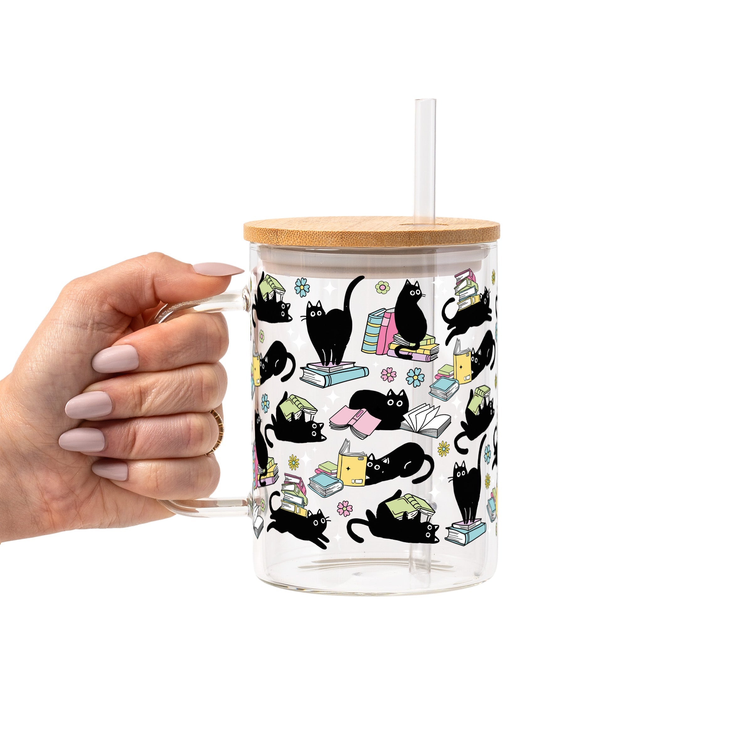Black Cats on Books Glass Cup