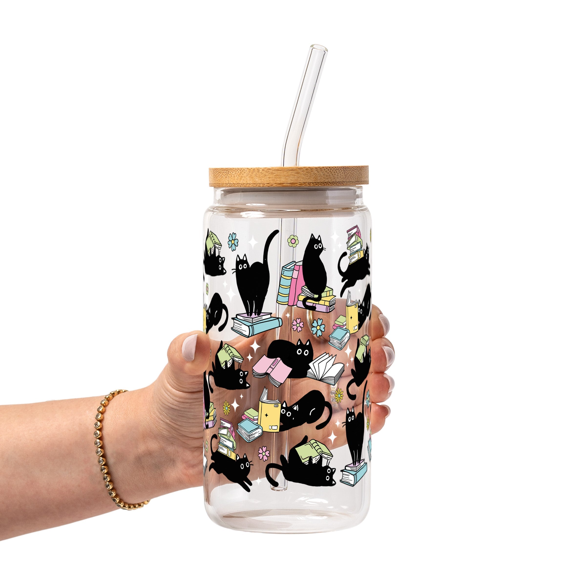 Black Cats on Books Glass Cup