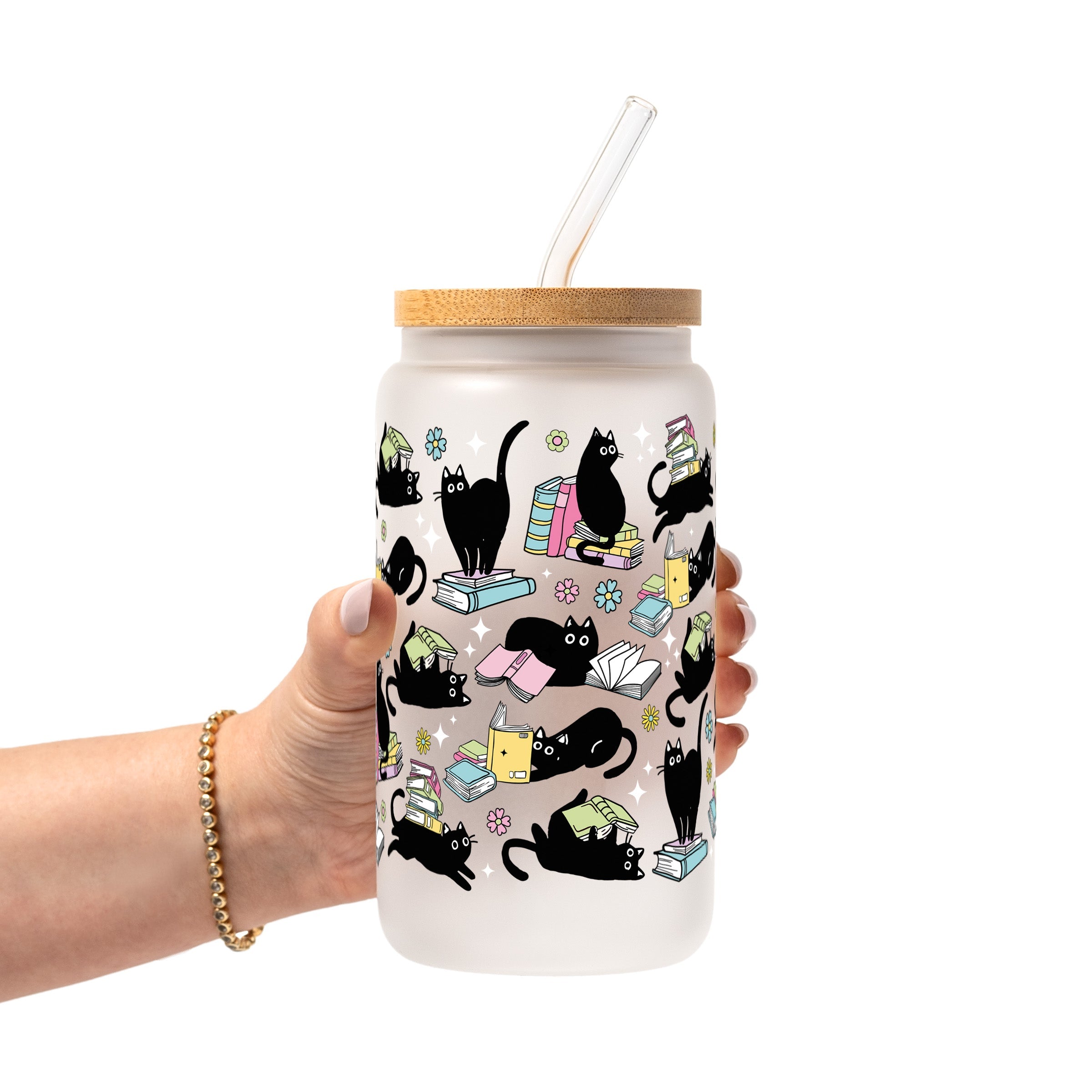 Black Cats on Books Glass Cup