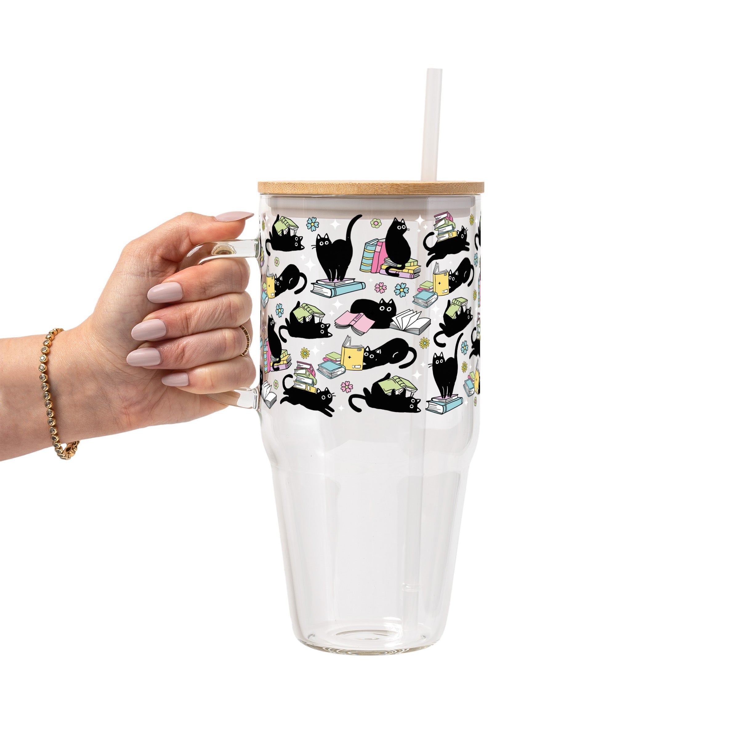 Black Cats on Books Glass Cup