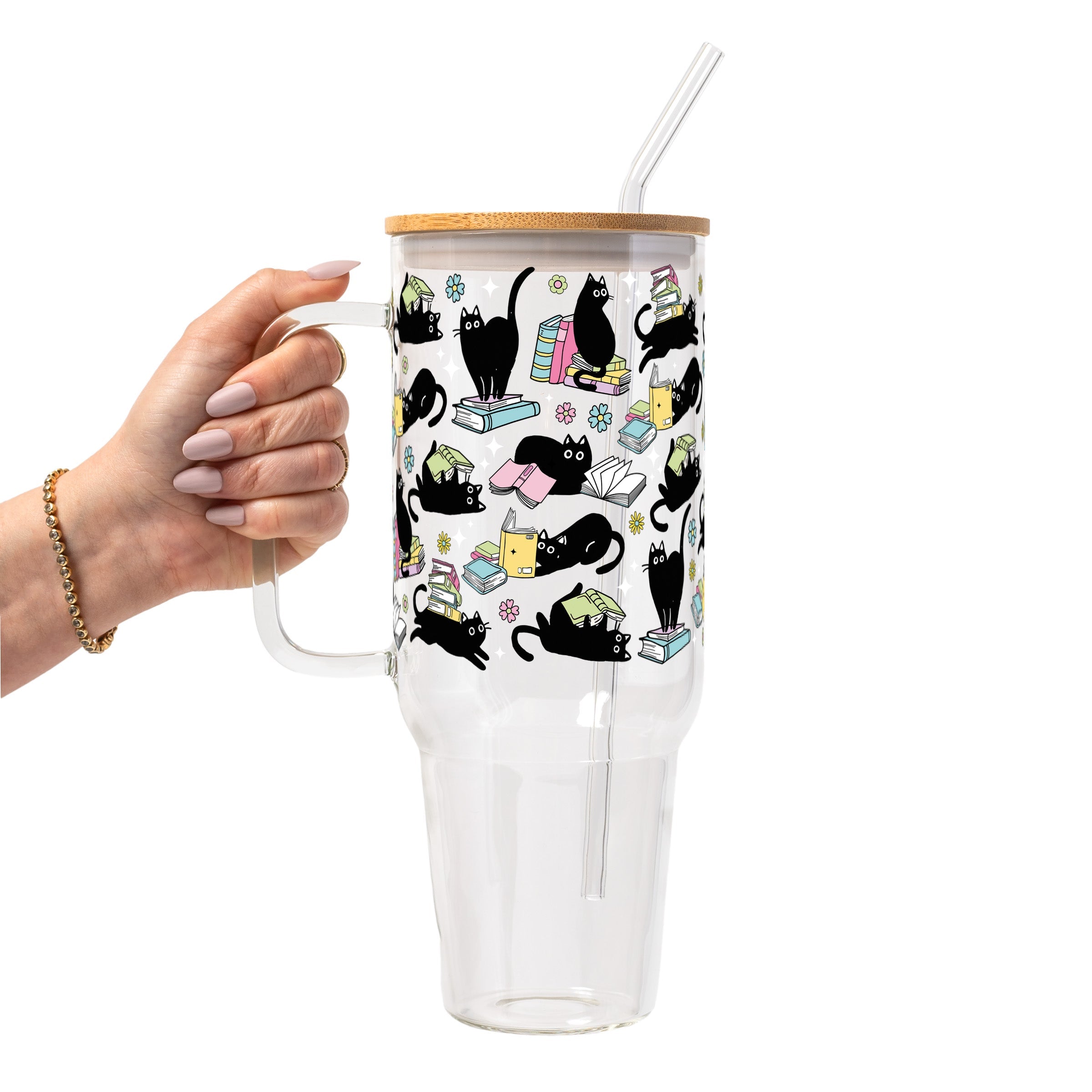 Black Cats on Books Glass Cup