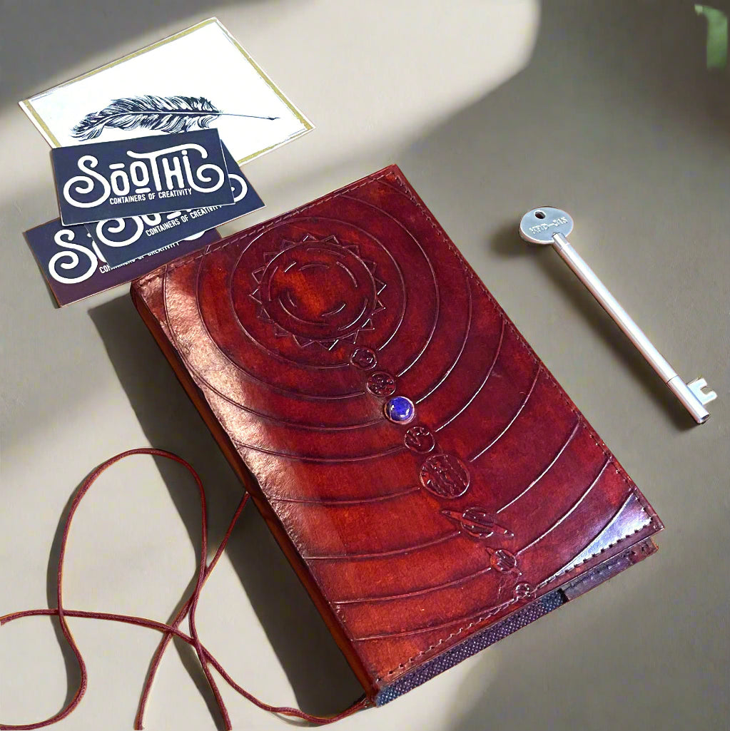 Space Odyssey Refillable Leather Journal with Solar System Design & Cobalt Stone