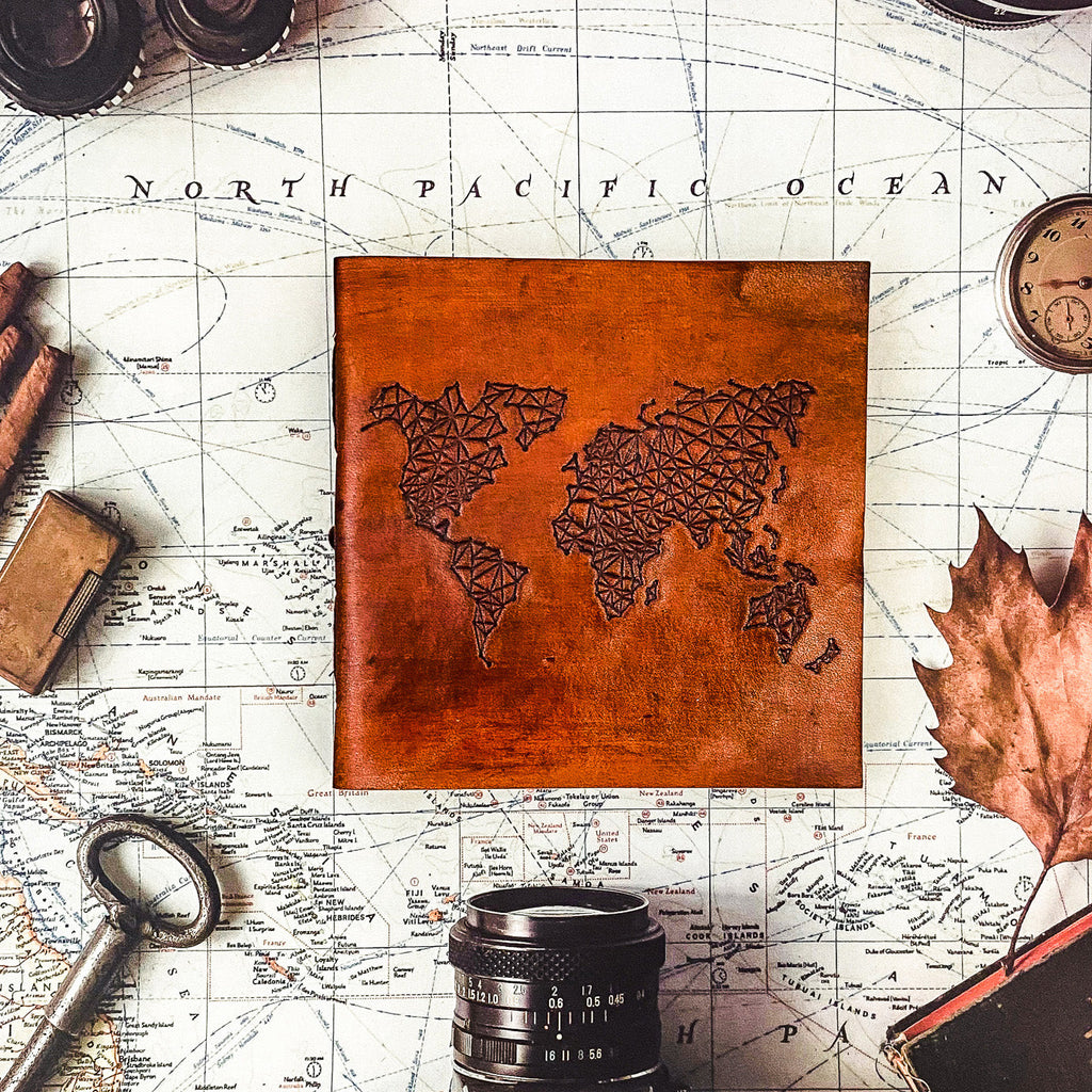 World Map 7x7 Leather Journal | Embossed Square Travel Diary