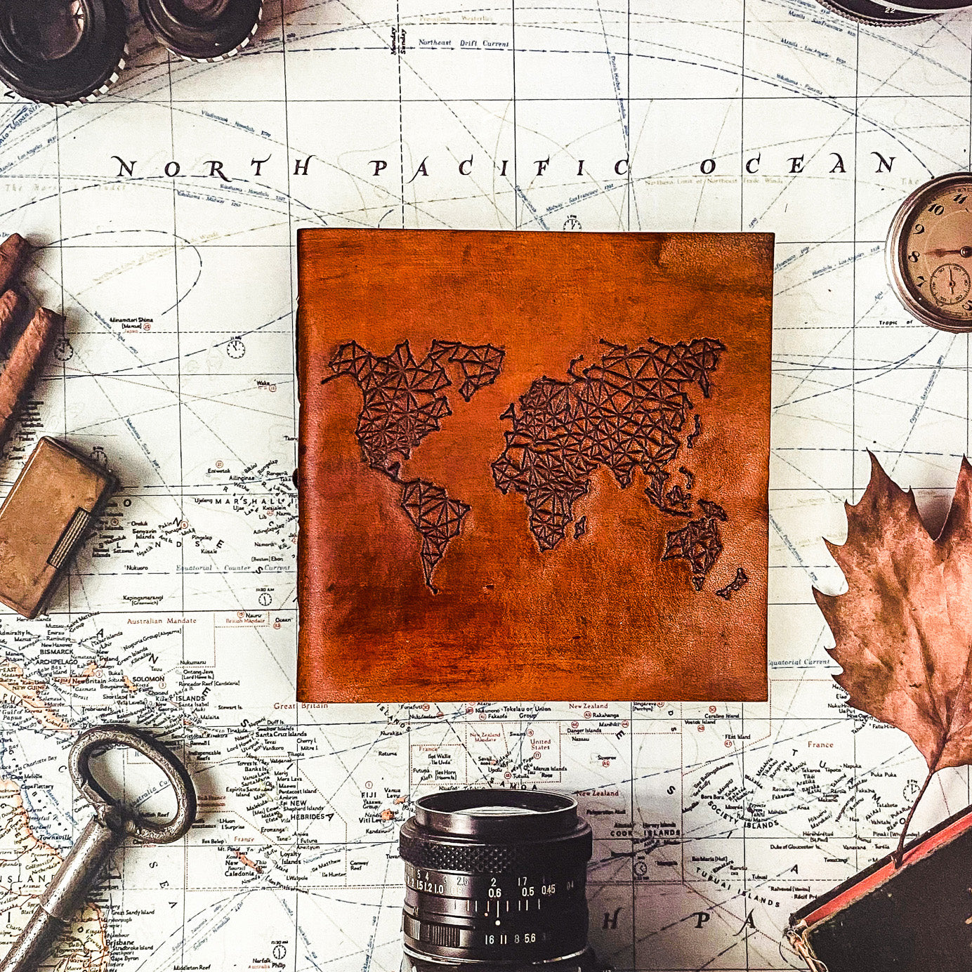 World Map 7x7 Leather Journal | Embossed Square Travel Diary