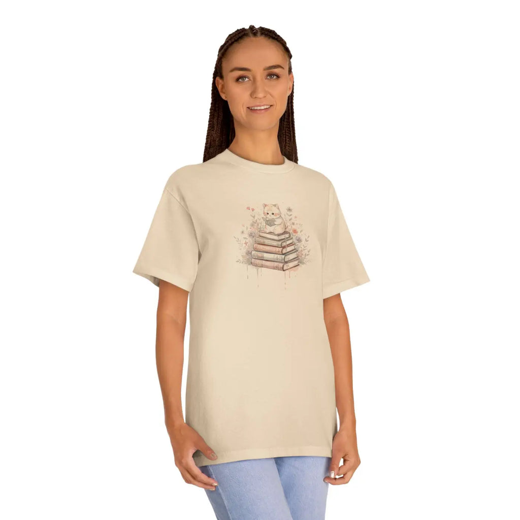 DipaliZ Bookish Cat Tee Watercolor Literary Design Cotton