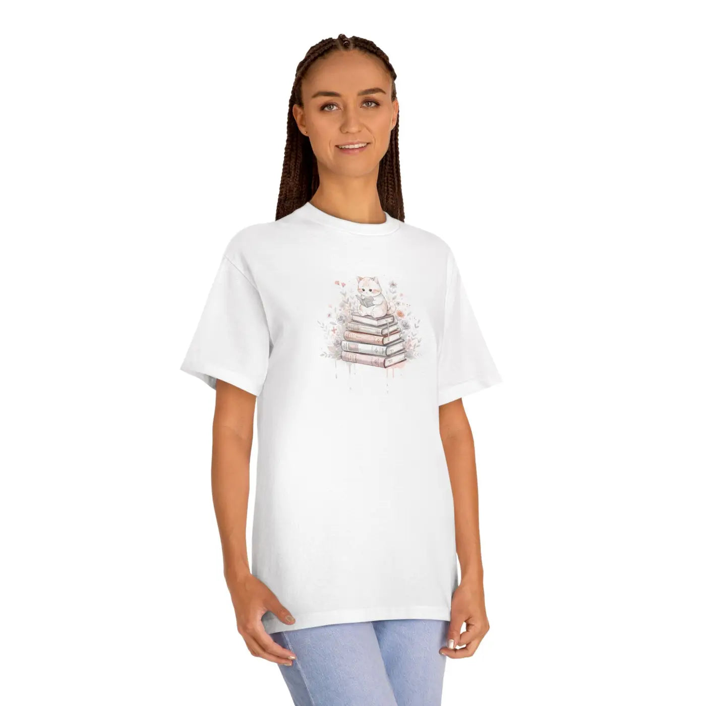 DipaliZ Bookish Cat Tee Watercolor Literary Design Cotton