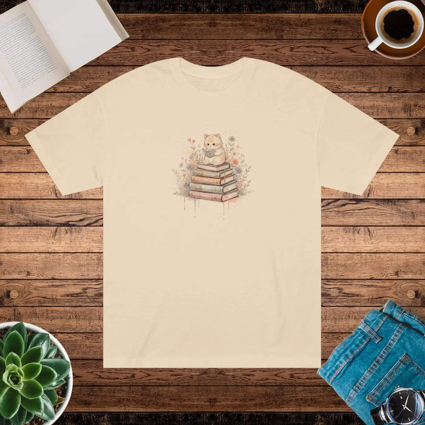 DipaliZ Bookish Cat Tee Watercolor Literary Design Cotton