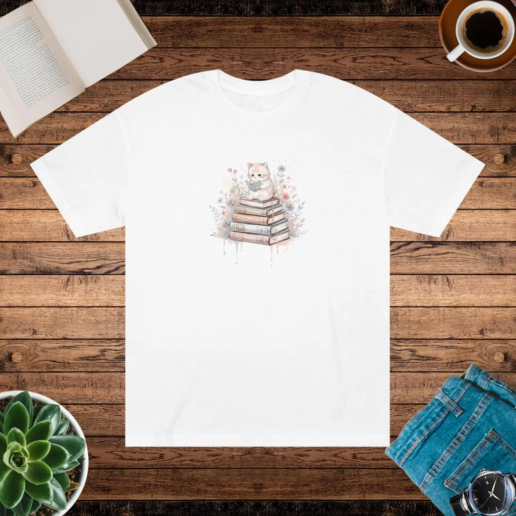 DipaliZ Bookish Cat Tee Watercolor Literary Design Cotton