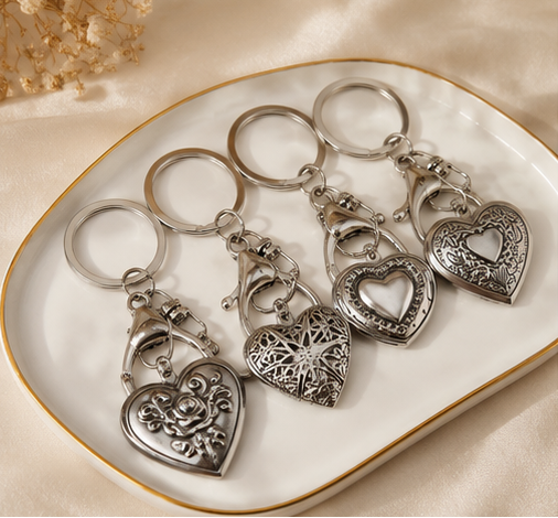 Vintage Heart Locket Keychain with Photo Frame