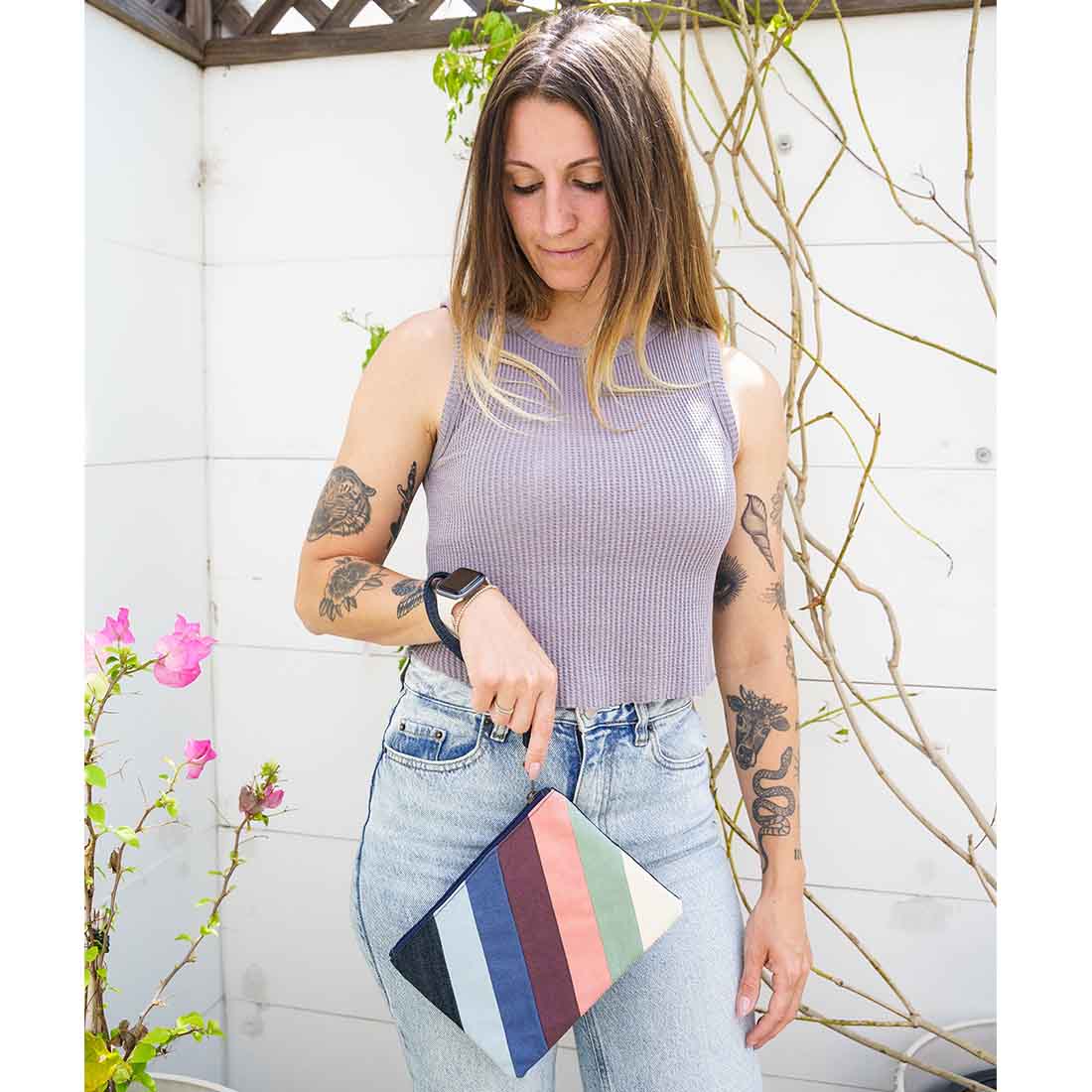 Denim Wristlet  - Striped Pouch