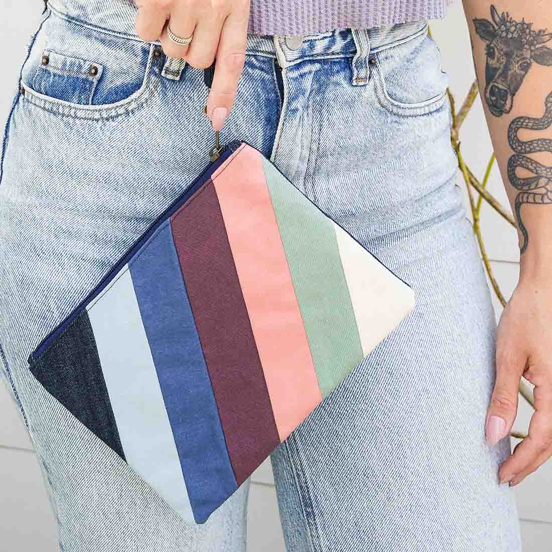 Denim Wristlet  - Striped Pouch
