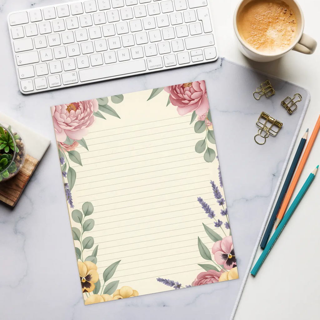 DipaliZ Lavender Floral Ruled Notepad Botanical Elegance