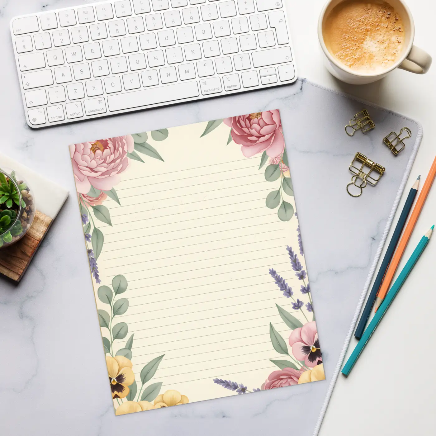 DipaliZ Lavender Floral Ruled Notepad Botanical Elegance