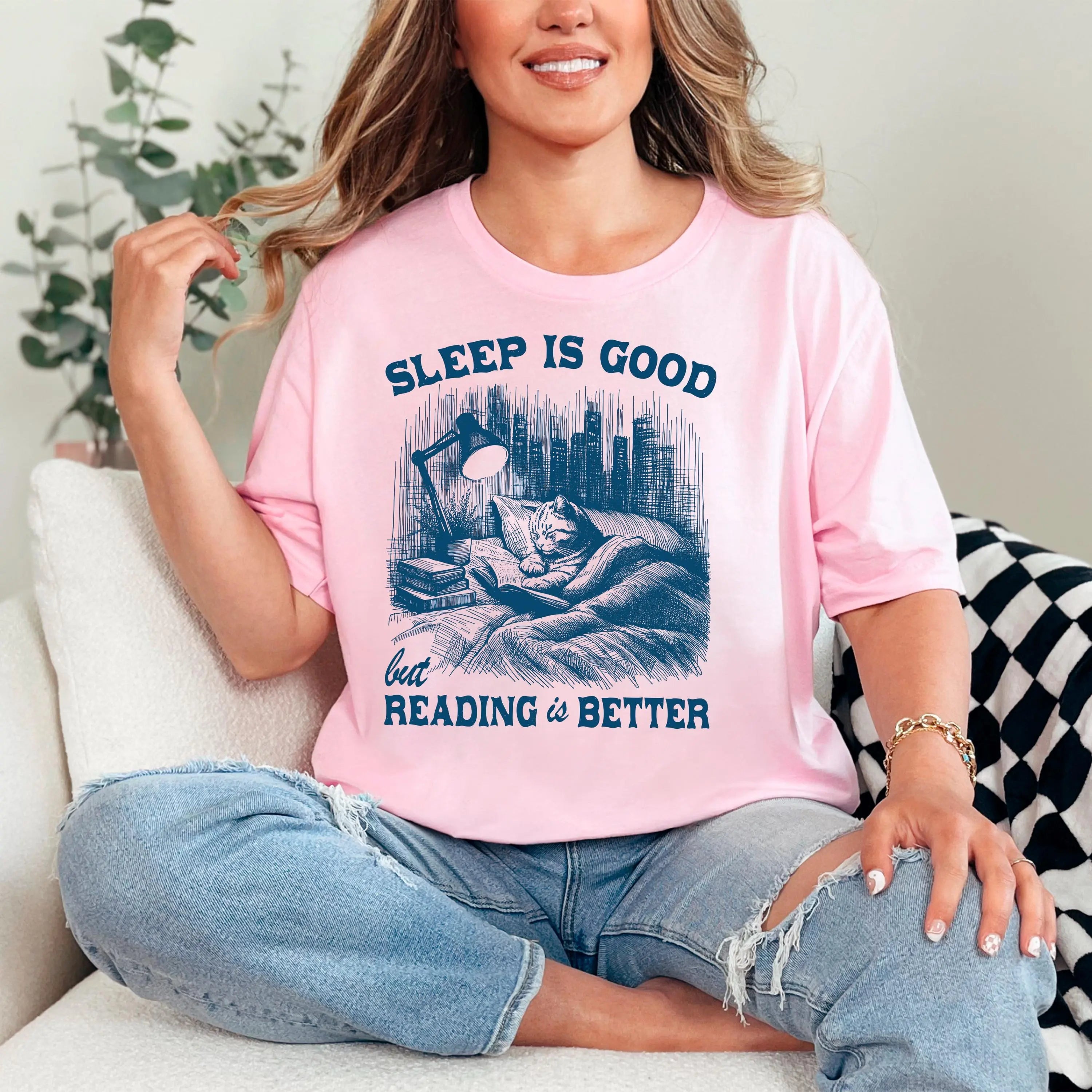 Cat Book T Shirt Sleep Is Good Reading Is Better T-Shirt