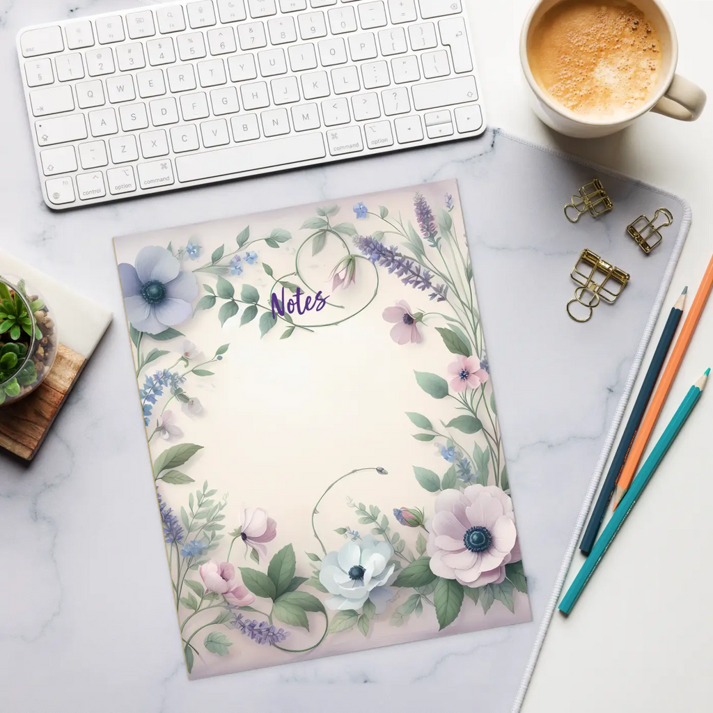 DipaliZ Purple Flowers Notepad Stylish Stationery 11x8.5