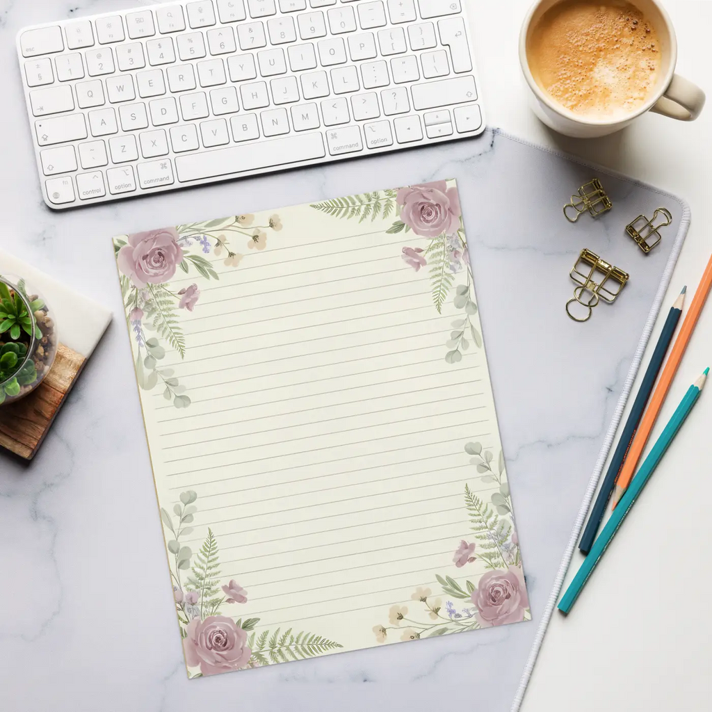DipaliZ Botanical Pink Roses Notepad Vintage Design 8.5x11