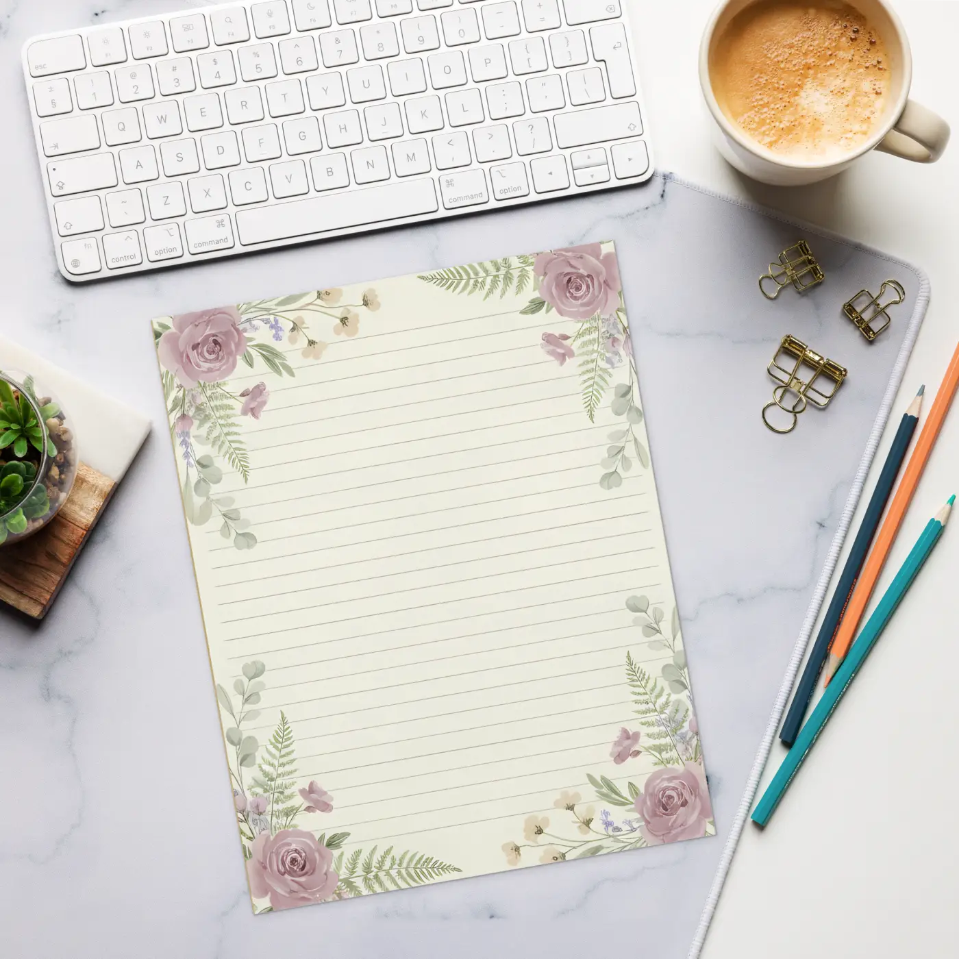 DipaliZ Botanical Pink Roses Notepad Vintage Design 8.5x11